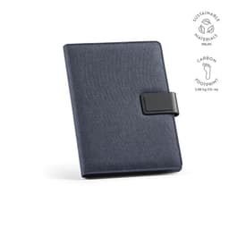 A navy A4 folder made from sustainable materials, featuring a notepad and a black rPU closure.