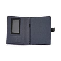 A dark blue A4 folder with a notepad, rPU closure, and a pocket for documents or a phone. Features a logo.