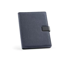 A navy A4 folder made from rPET, featuring a 64-sheet FSC® notepad and an rPU closure. It includes a logo.