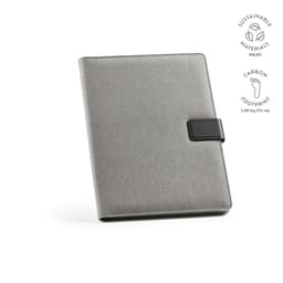 A grey A4 folder made from sustainable materials with a rPU closure, featuring a logo.