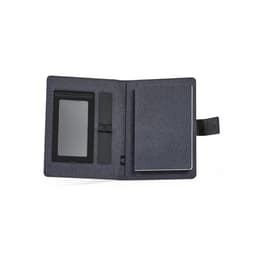 A dark grey A5 folder with a notepad and a pocket for a device, featuring a closure strap.