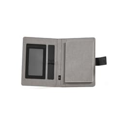 A grey A5 folder featuring a notepad and a closure, with an interior pocket and strap for holding items.