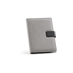 A grey A5 folder made from rPET material with a rPU closure and an interior featuring 64 FSC® sheets.