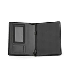 A black A4 folder with a zip closure, featuring a transparent pocket and card slots inside.