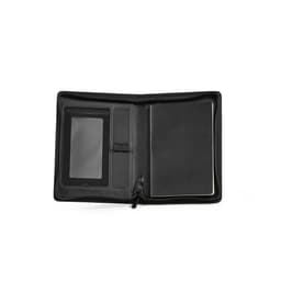 A black folder with a zipper closure, featuring a 64-sheet notepad and a slot for a device. It has a branding logo.