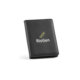 A black folder with a zipper closure, featuring a notepad and a logo on the front.