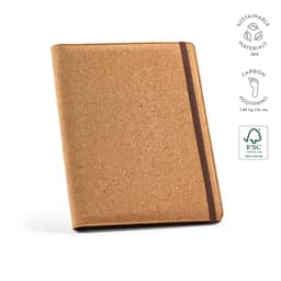 A cork A4 folder with a brown elastic closure, featuring sustainable materials and an FSC® label.