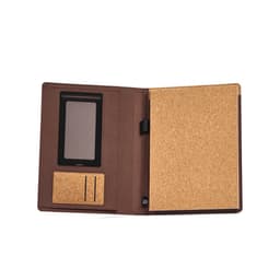 A brown folder with a cork interior, featuring an elastic closure, card slots, and a notepad compartment.