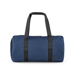 A navy gym bag with black straps, featuring a side shoe pocket and a main zippered compartment.
