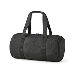 A black gym bag with dual handles and a round shape, featuring a side zippered pocket for shoes and a logo.