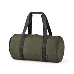 An olive green gym bag with black straps and a zip closure, featuring a pocket for shoes.