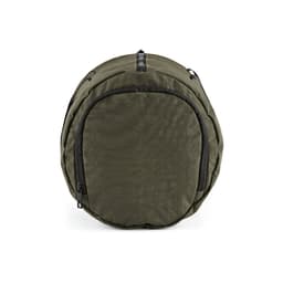 A round olive green gym bag with a zipper and a side pocket, featuring a logo. Suitable for carrying shoes.