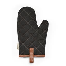 A black quilted kitchen glove with brown leather detailing and a hanging loop. It features a logo.