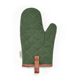 A green quilted kitchen glove with brown leather details and a hanging loop. It features a logo but no visible text.