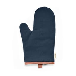 A navy blue kitchen glove with a tan leather detail at the base and a hanging loop. It has a logo present.