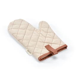 A cream oven glove with a quilted pattern and brown detailing, featuring a loop for hanging.