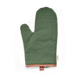 A green kitchen glove made of cotton with PU details and a leather strap at the bottom. It features a branding logo.