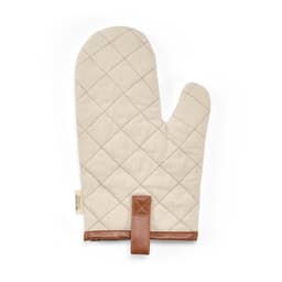 A beige kitchen glove with a quilted design and brown leather details, featuring a loop for hanging.