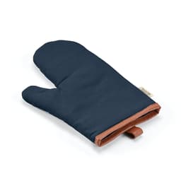 A navy kitchen glove with brown PU details and a hanging loop for storage. It features a subtle branding label.