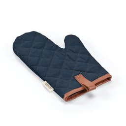 A navy blue quilted oven glove with brown leather details and a loop for hanging. It features a logo tag.