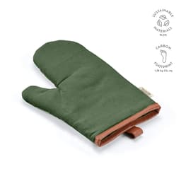 A green kitchen glove with brown detailing, featuring a hanging loop and a logo.