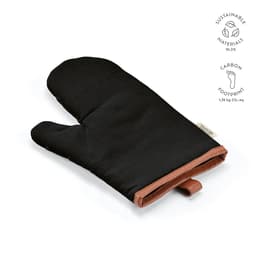 A black kitchen glove with brown detail, featuring sustainable materials and a tag.