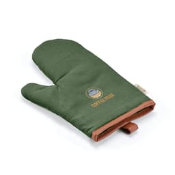 A green oven glove with brown leather details and a circular logo featuring a coffee-themed design.