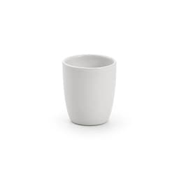 A ceramic espresso mug in a matte white finish, with an 80ml capacity, made in Portugal. It features a logo.