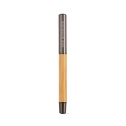A bamboo pen with a grey tip and a logo, featuring blue 2km Dokumental® ink.
