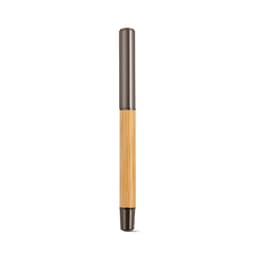 A bamboo and silver pen featuring rSS with blue 2km Dokumental® ink. Includes a branding logo.