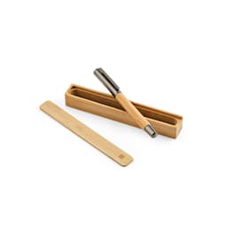 A bamboo pen with grey accents, housed in a matching bamboo case, along with a bamboo sleeve.