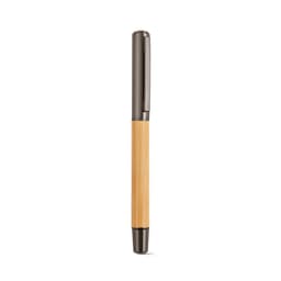 A pen featuring a bamboo barrel and a dark metallic clip, filled with blue Dokumental® ink. It has a logo on the barrel.