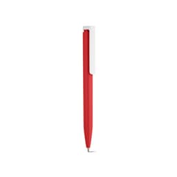 A red pen with a white clip, featuring a smooth design and ballpoint tip. Includes a logo on the body.