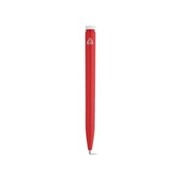 A red pen with a sleek design, featuring a clip and a branded logo at the top.