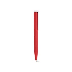 A red pen with a sleek design and a silver clip. The pen features a branding logo.