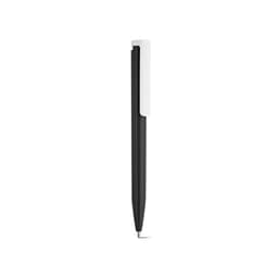 A black pen with a white clip, featuring retractable functionality and a sleek design. It has a logo displayed.