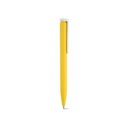 A yellow pen with a white clip, featuring a sleek and modern design. It has a logo on its side.