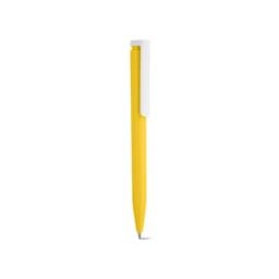A yellow pen with a white clip and a sleek design, featuring a branding logo.