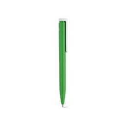 A green pen with a silver clip, featuring a smooth, sleek design and an ink refill mechanism.