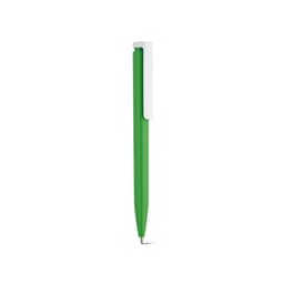 A green pen with a white clip, featuring a simple and sleek design. It has a logo on the barrel.
