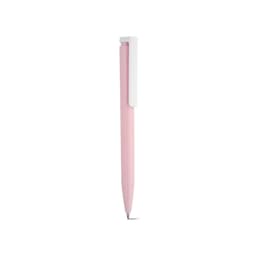 A pink pen with a white clip, featuring a sleek design. The pen includes ink for writing.