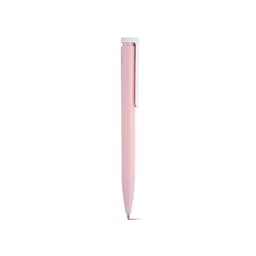 A pink pen with a slim design and a white clip, featuring a logo on the body.