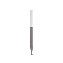 A pen with a white top and grey body, featuring a logo on one side.