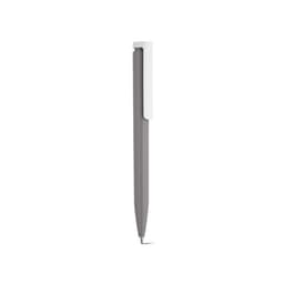 A grey pen with a white clip, featuring a sleek design and branding on the barrel.