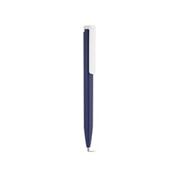 A blue pen with a white clip, featuring a sleek design and a branding logo.