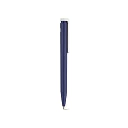 A blue pen with a sleek design and a silver clip, featuring a branding logo.
