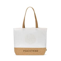 A shopping bag in white fabric with a cork bottom, featuring a logo on the front.