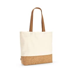 A cream shopping bag with a cork base and brown handles. It features a logo on the side.