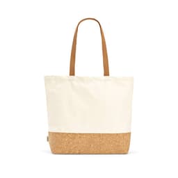 A large beige shopping bag with a cork base and two brown handles. It features a logo on one side.