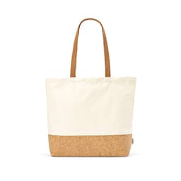 A tote bag featuring a cream cotton upper and a cork lower, with brown handles. It has a logo on the side.